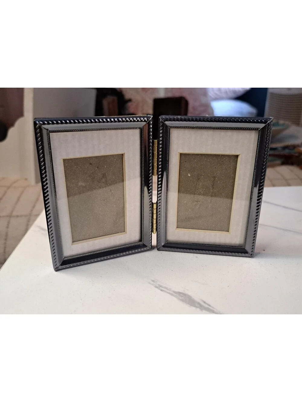 Vintage Style Miniature Tabletop Silver Tone Double Picture Frame 3.5
